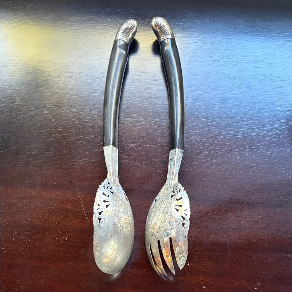 Vintage Serving Set - wood and metal, floral filigree